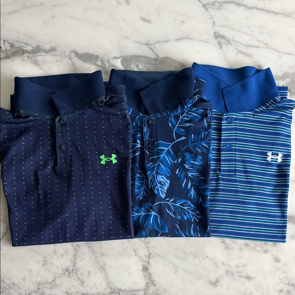Under Armour Polo Shirt Trio - Navy, Leaf Blue, Striped Blue YLG